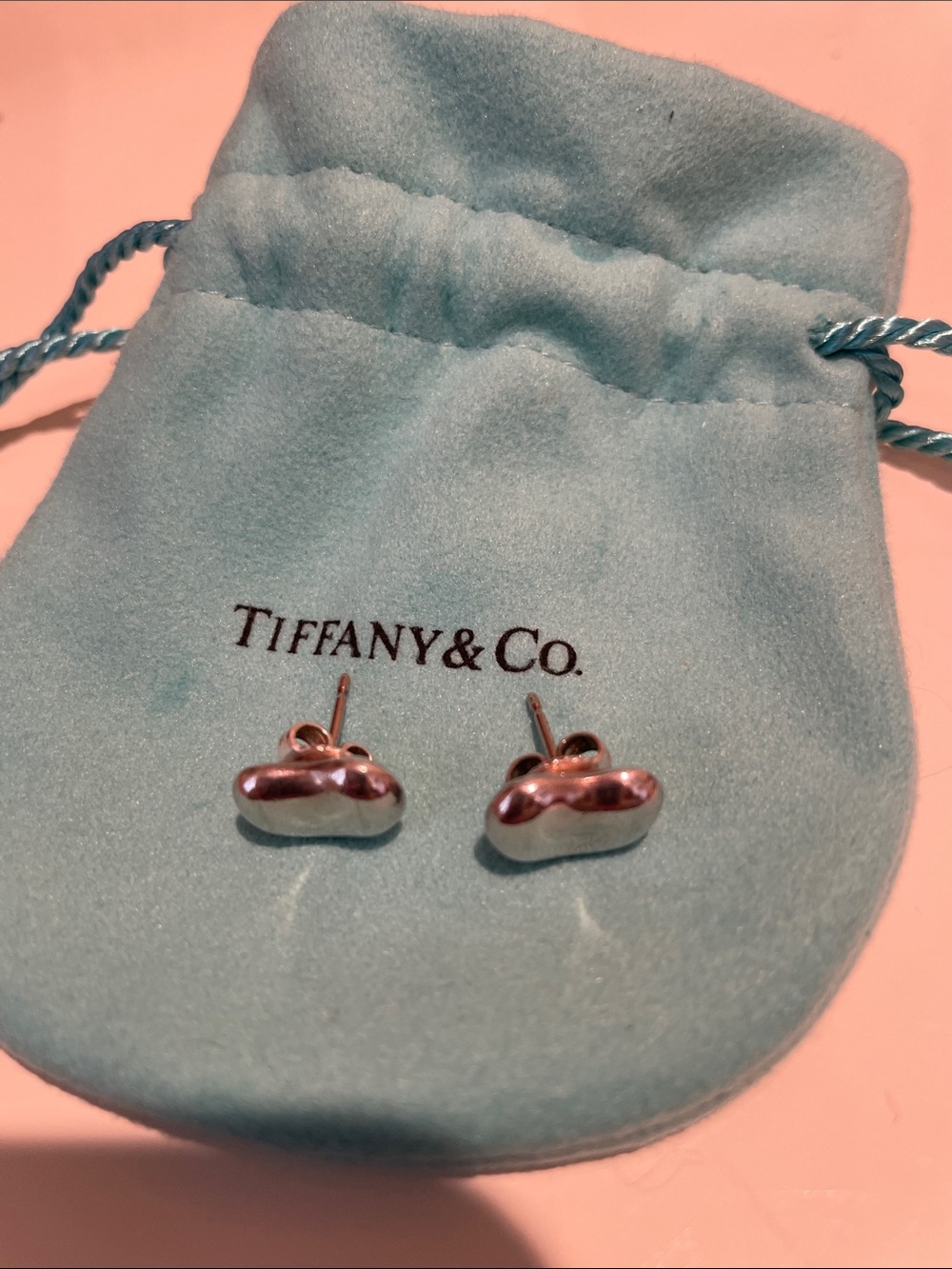 Tiffany & Co. Elsa Peretti Silver Bean Stud Earrings with Blue Pouch
